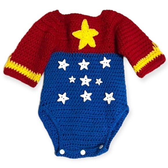 Baby Crochet Knitted Wonder Woman Sweater Onesie Costume Size 3 to 6 months - Picture 12 of 12